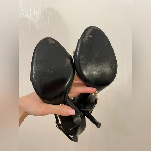 VERSACE Stiletto Medusa Black Gold Sandal Heels Ankle Strap